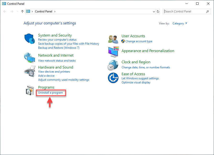 เปิด Control Panel แล้วคลิก Uninstall a program